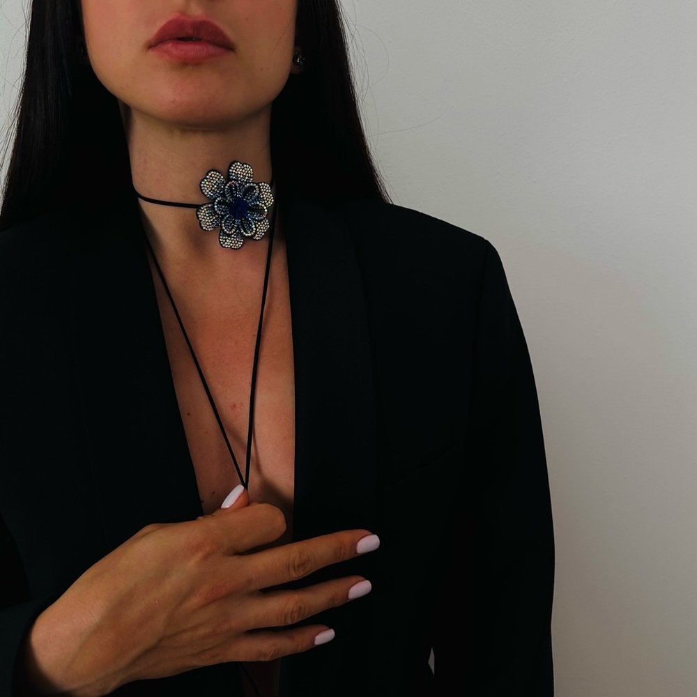New Rhinestone Flower Cobalt Blue Necklace Choker - Picture 10 of 14